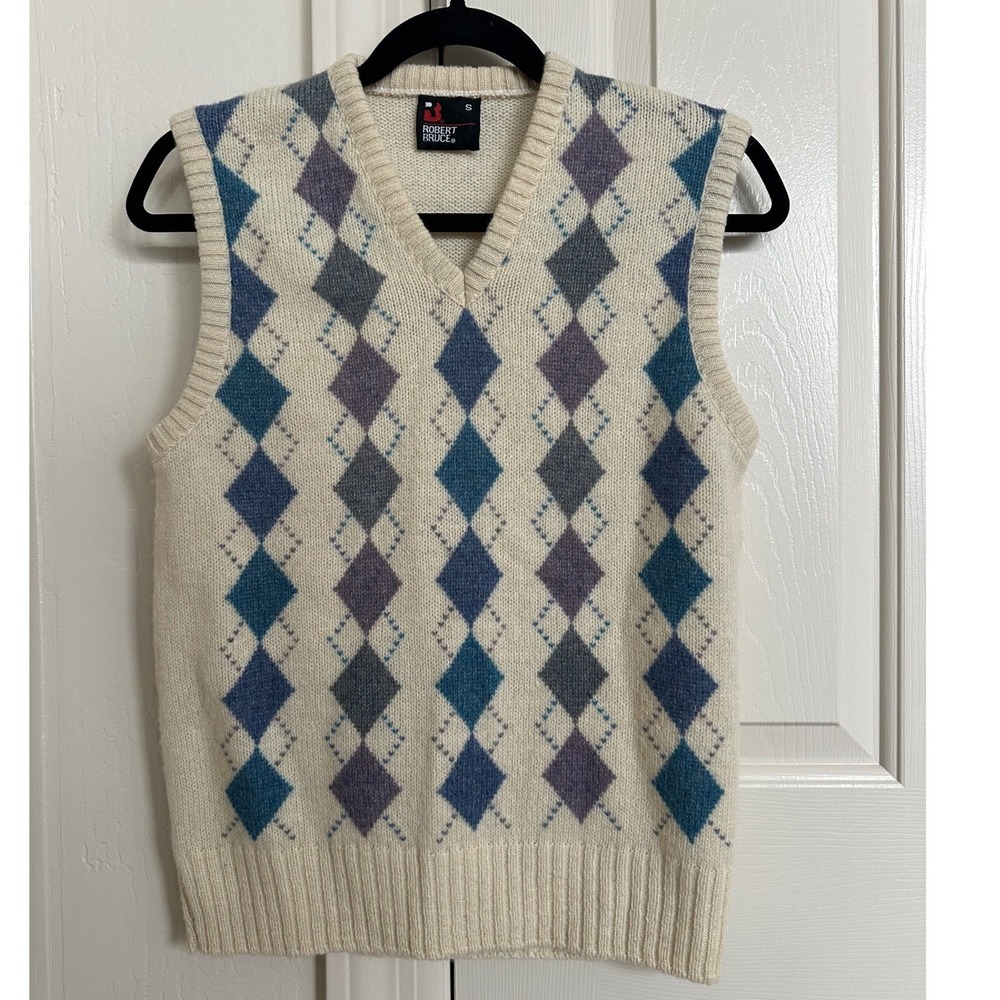 Vintage 80s Robert Bruce Argyle Sweater Vest Diamond Knit Size Small Made in USA